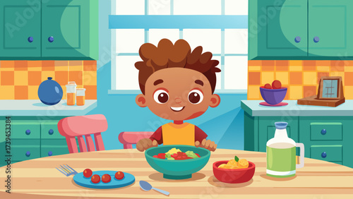 A young boy is sitting at a table with a bowl of food in front of him. He is smiling and he is enjoying his meal. The table is set with various utensils, including a fork, spoon, and knife