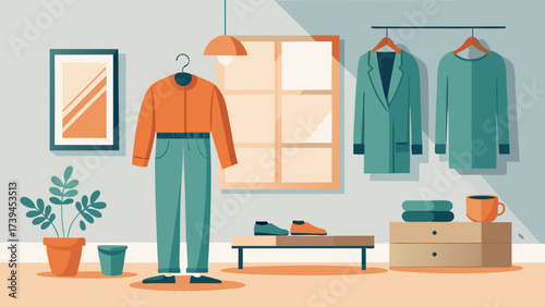A man's clothes are hanging on a rack in a room. The clothes are mostly green and orange