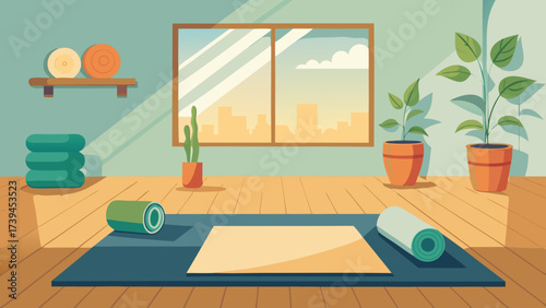 A yoga studio with a window and a plant. The room is empty and the only objects are a yoga mat and a few towels