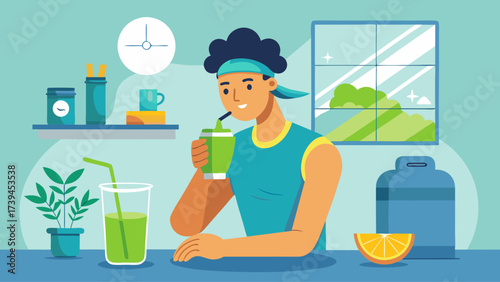 A man is drinking a green smoothie in a kitchen. The kitchen is well-equipped with a refrigerator, a cup, a bowl, and a potted plant. The man is wearing a blue shirt and a headband