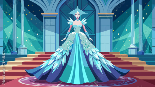 A woman in a blue dress is standing on a red carpet in a palace. She is wearing a crown and is surrounded by stars