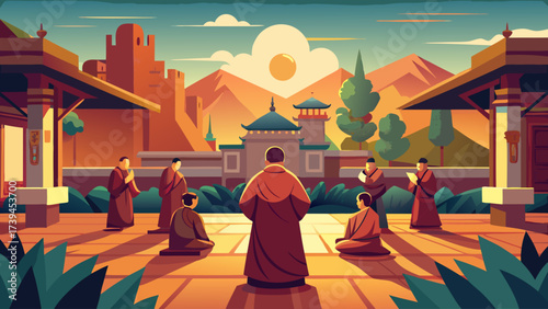 A group of monks are gathered in a courtyard, with one of them reading a book. The scene is set in a foreign country, with a mix of buildings and trees in the background