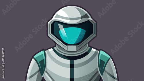 A man in a white space suit is wearing a blue helmet. The helmet is blue and has a clear lens. The man is standing in front of a purple background