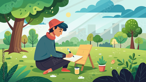 A man is sitting in a park and drawing a picture. He is wearing a red hat and a blue shirt. The park is filled with trees and grass, and there are potted plants scattered around