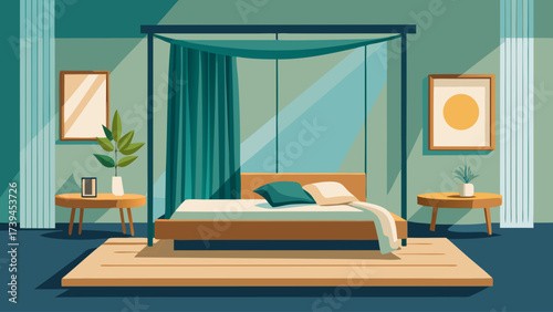 A bedroom with a canopy bed and a green plant. The room is very clean and organized. The bed is covered with pillows and a blanket. There is a vase on a table and a book on a shelf