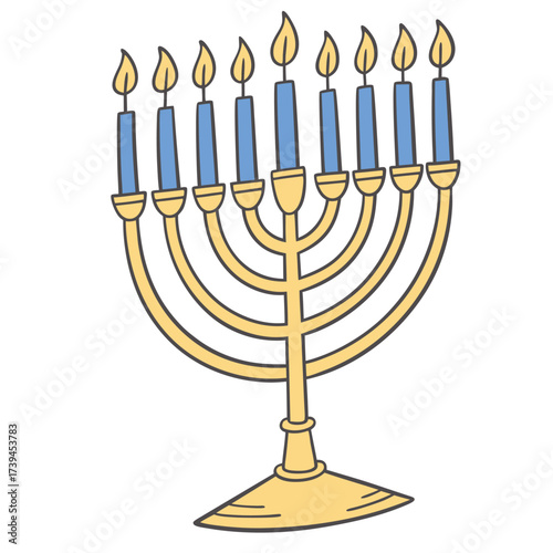 Golden menorah with nine lit candles illustration