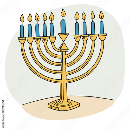 Golden menorah with nine lit candles for hanukkah celebration