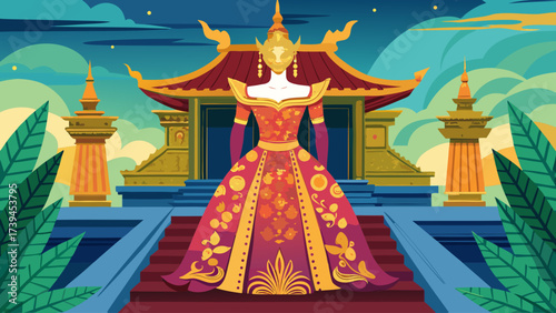 A woman in a red dress stands on a staircase in front of a building. The dress is ornate and the woman is wearing a gold necklace. The scene is set in a foreign country, with a lush green background