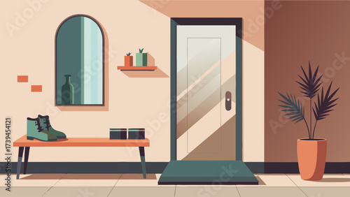 A room with a white door and a mirror. The door is open and there is a plant in a pot