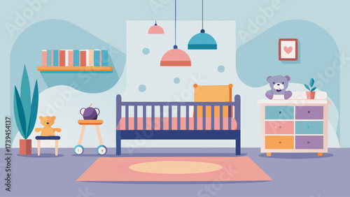 A room with a teddy bear on a dresser and a toy car on a shelf. The room is decorated with a pink rug and a pink bedspread