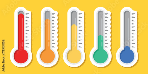 Thermometer sticker icon set in flat style. Climate control vector illustration on isolated background. Weather change sign business concept.