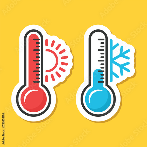 Thermometer sticker icon in flat style. Climate control vector illustration on isolated background. Weather change sign business concept.