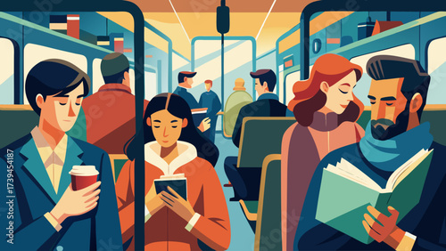 A group of people are on a train, some reading books and others using their phones. Scene is busy and bustling, with people going about their daily routines