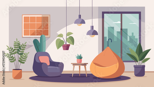 A living room with a chair, a table, and a bean bag chair. There are potted plants in the room, including one on the table and another on the floor. The room has a modern and cozy feel