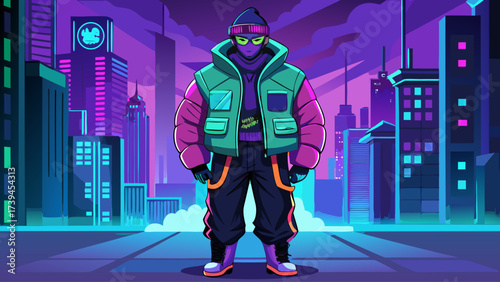 A man in a green jacket stands on a city street. The city is lit up with neon lights, giving the scene a futuristic and urban vibe