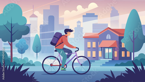 A man rides a bicycle down a street with a house in the background. The scene is peaceful and serene, with the man enjoying the ride and the surrounding nature