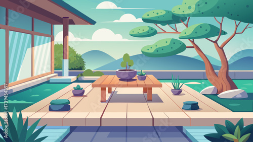 A drawing of a house with a patio and a tree. The patio has a table and a potted plant. Scene is peaceful and relaxing