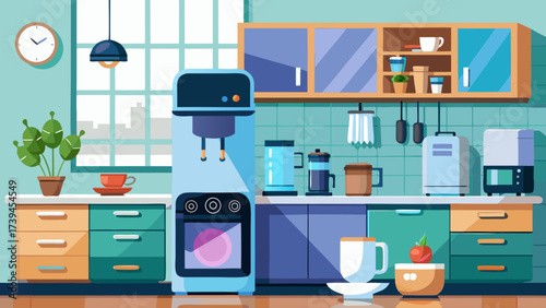A kitchen with a blue oven and a clock on the wall. There are several appliances, including a coffee maker, a toaster, and a blender. A potted plant is on the counter, and there are several cups