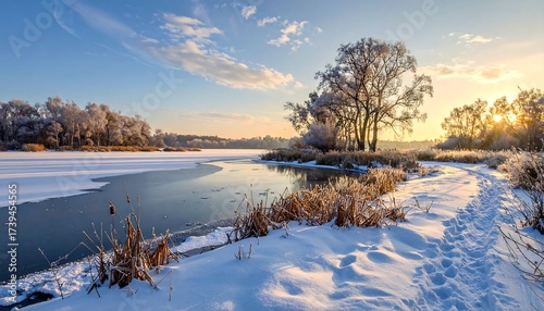 Frozen River Landscape at Sunrise - Snow-Covered Banks, Icy Water, and Golden Light.