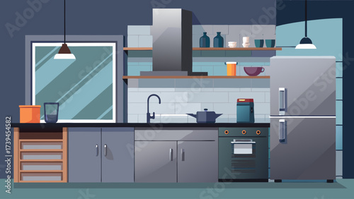 A kitchen with a refrigerator, oven, sink, and a window. The kitchen is clean and well-organized