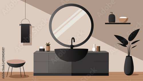 A bathroom with a black sink and a mirror. There is a vase with a plant on the counter