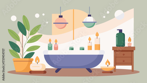 A bathroom with a bathtub, candles, and a potted plant. Scene is relaxing and calming
