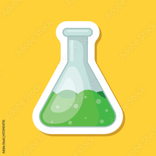 Science lab bottle sticker icon in flat style. Laboratory glassware equipment vector illustration on isolated background. Test tube sign business concept.