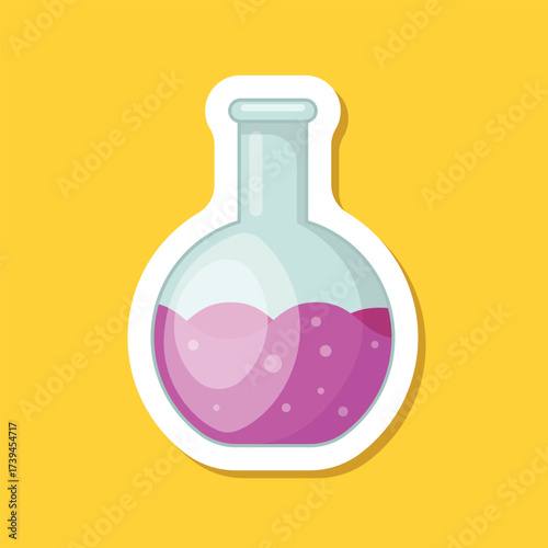 Science lab bottle sticker icon in flat style. Laboratory glassware equipment vector illustration on isolated background. Test tube sign business concept.