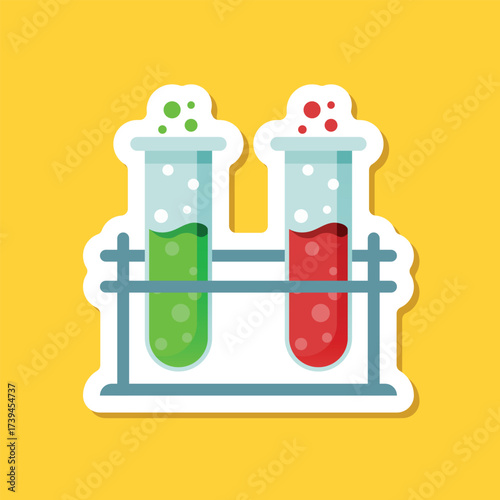 Science lab bottle sticker icon in flat style. Laboratory glassware equipment vector illustration on isolated background. Test tube sign business concept.