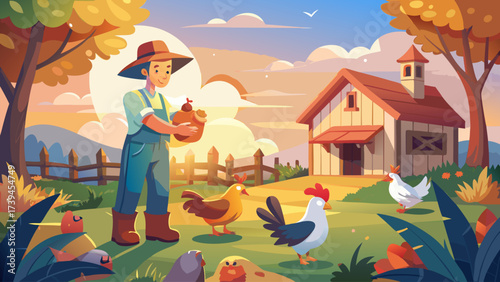 A man is holding a chicken in his arms. The scene is set in a farm with a house in the background. There are other chickens in the area, and some apples are scattered around