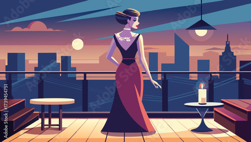 A woman in a red dress stands on a balcony overlooking a city. The scene is set at night, with a candle on a table nearby. The woman is enjoying the view and the ambiance of the city at night