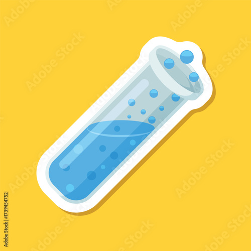 Science lab bottle sticker icon in flat style. Laboratory glassware equipment vector illustration on isolated background. Test tube sign business concept.