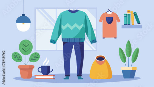 A cartoon drawing of a room with a person wearing a sweater and pants. The room also has a potted plant, a cup, a book, and a bag. Scene is cozy and comfortable, with the sweater