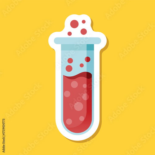 Science lab bottle sticker icon in flat style. Laboratory glassware equipment vector illustration on isolated background. Test tube sign business concept.