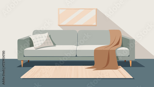 A couch with a brown blanket draped over it. The couch is in a room with a white wall and a mirror