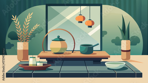 A room with a green wall and a window. A vase with a green plant is on the left side of the room. A bowl is on the right side of the room