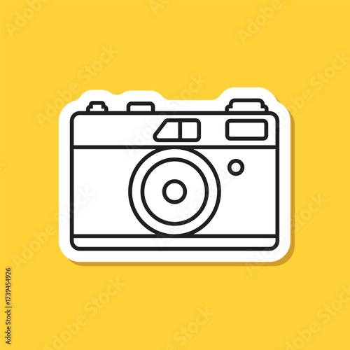 Photo camera sticker icon in flat line style. Photography equipment vector illustration on isolated background. Professional photographic sign business concept.