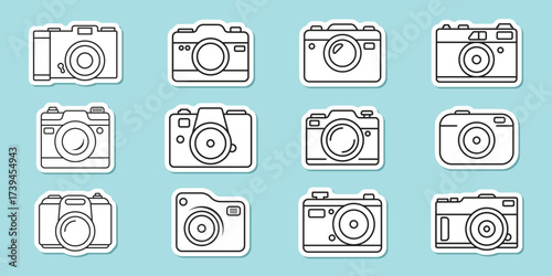 Photo camera sticker icon set in flat line style. Photography equipment vector illustration on isolated background. Professional photographic sign business concept.