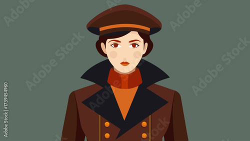 A woman in a brown coat and hat with a red scarf. She has a serious expression on her face