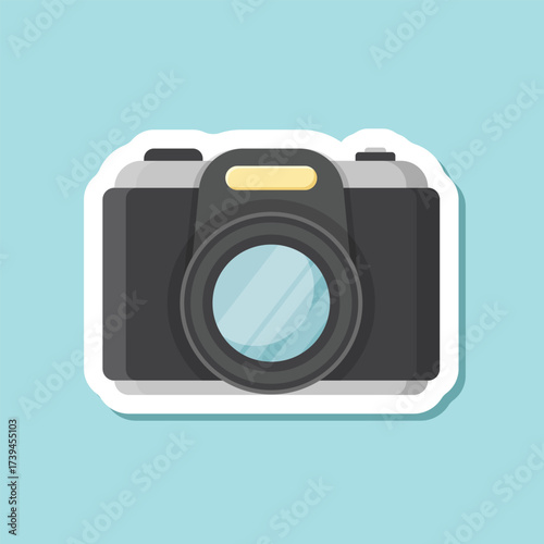 Photo camera sticker icon in flat style. Photography equipment vector illustration on isolated background. Professional photographic sign business concept.