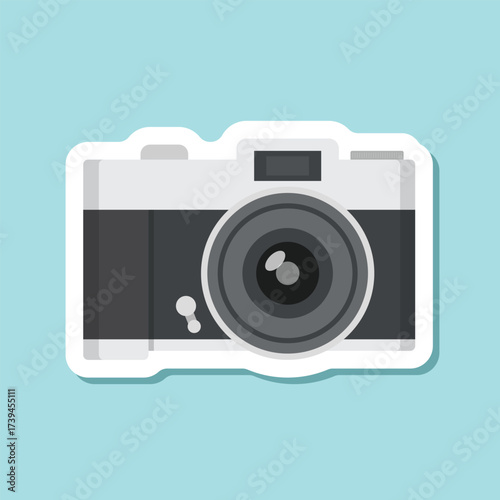 Photo camera sticker icon in flat style. Photography equipment vector illustration on isolated background. Professional photographic sign business concept.