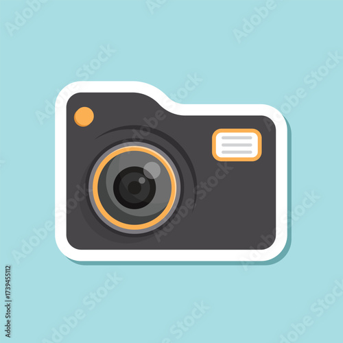 Photo camera sticker icon in flat style. Photography equipment vector illustration on isolated background. Professional photographic sign business concept.