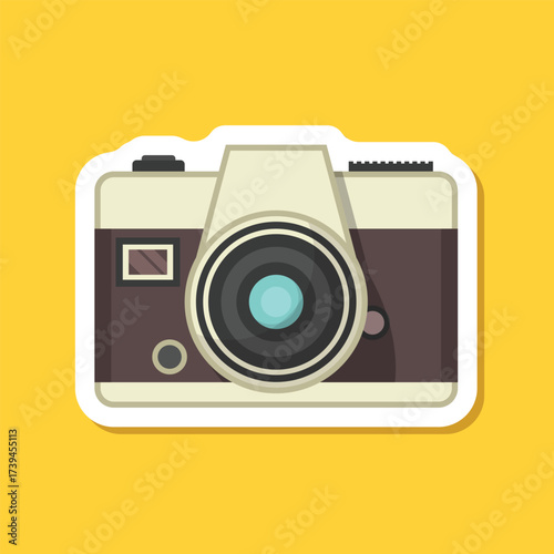 Photo camera sticker icon in flat style. Photography equipment vector illustration on isolated background. Professional photographic sign business concept.