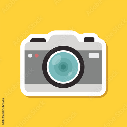 Photo camera sticker icon in flat style. Photography equipment vector illustration on isolated background. Professional photographic sign business concept.