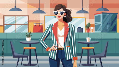 A woman in a striped jacket stands in front of a restaurant. She is wearing sunglasses and a belt