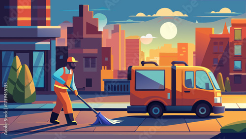 A man is sweeping the sidewalk in front of a building. The scene is set in a city with a truck parked nearby