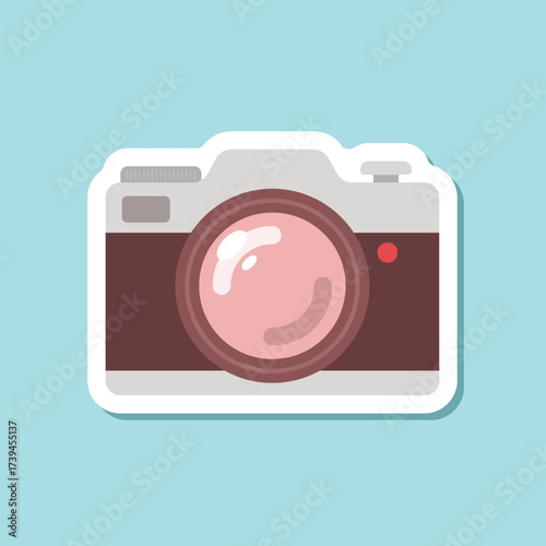 Photo camera sticker icon in flat style. Photography equipment vector illustration on isolated background. Professional photographic sign business concept.