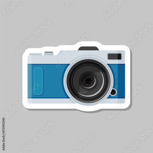 Photo camera sticker icon in flat style. Photography equipment vector illustration on isolated background. Professional photographic sign business concept.