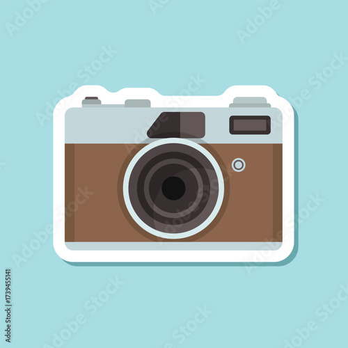 Photo camera sticker icon in flat style. Photography equipment vector illustration on isolated background. Professional photographic sign business concept.