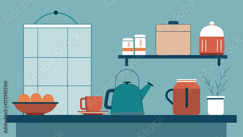 A kitchen counter with a variety of items including a tea kettle, a bowl of oranges, a cup, a vase, and a potted plant